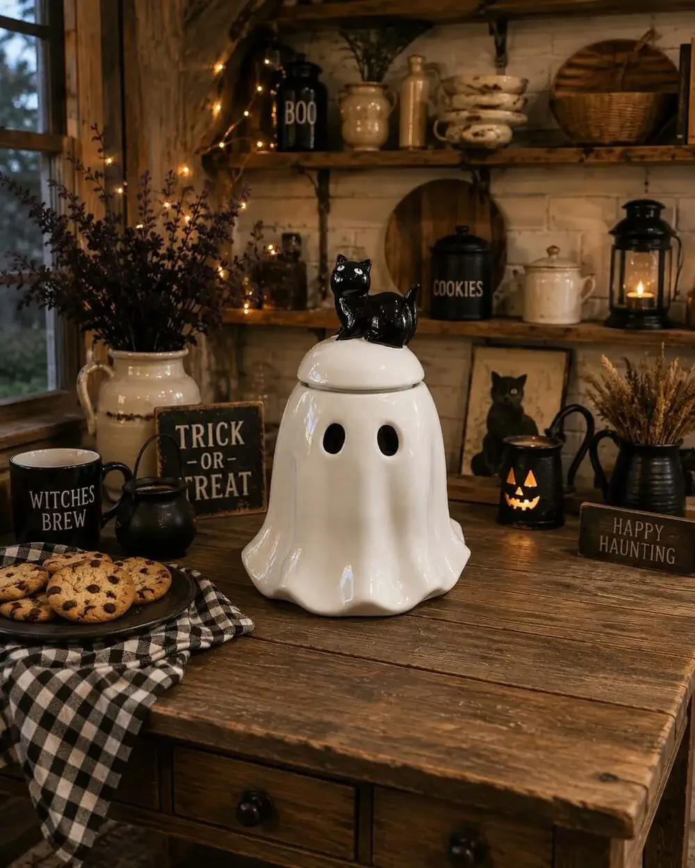 New Halloween WHITE Ghost W/ Black Cat On Head Holiday Cookie Jar Kitchen